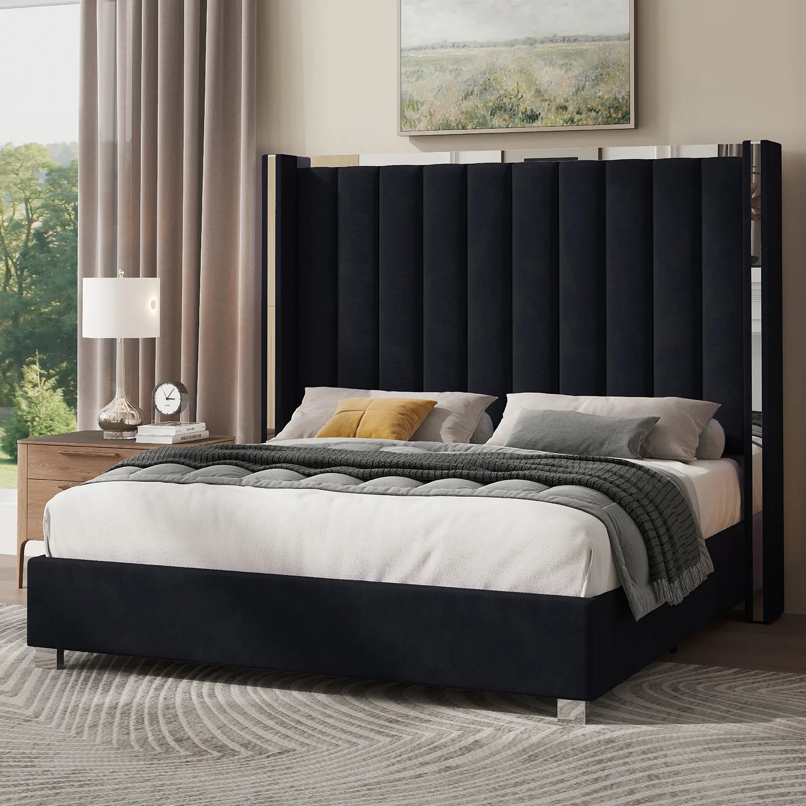Amerlife Upholstered Platform Bed Frame - 58" Tall Channel Tufted Wingback Headboard, Velvet Upholstery, Durable, No Box Spring Needed, Luxury Indoor Apartment Furniture, Home Decor Gift, Queen Bed Frame #homemakeover