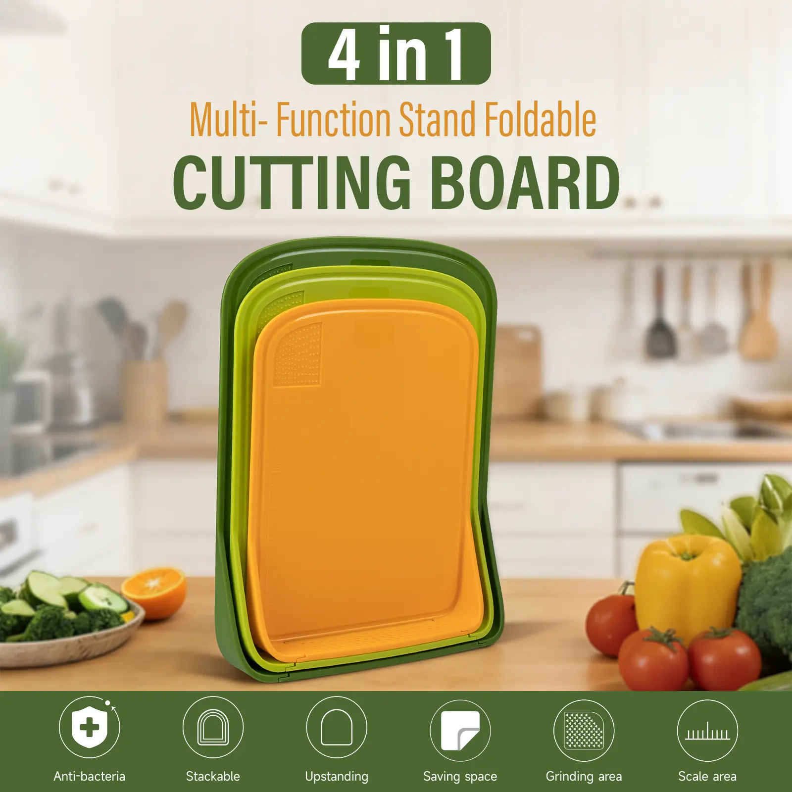 ANJUKE 3pcs Blue Nested Square Cutting Board Set - Curved Edges Plastic Kitchen Prep Boards with Drainage Feature, Including Large, Medium, Small Sizes
