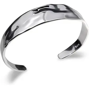 Sterling  Chunky Cuff Bracelet  Hammered Texture Style Statement Open Bangle Bracelets for Women