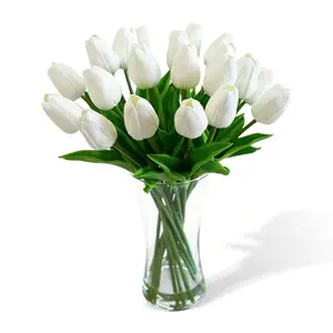 Garvee 20-Piece Real Touch Artificial Tulips in Glass Vase with Faux Water, Lifelike Silk Flower Arrangement Available in White, Orange Red, and Pink for Home, Office, Wedding, and Table Decor