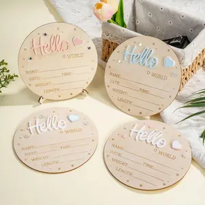 Hello World Birth Announcement Sign, Decorative Star Heart 3D Decor Milestone Display, Real Wood Stand, Kids Room Decoration Photo Prop Gift