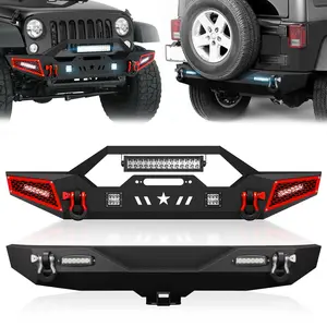 for JK Front & Rear Bumper Compatible with 2007 2008 2009 2010 2011 2012 2013 2014 2015 2016 2017 2018 Jeep Wrangler JK JKU with Winch Plate, LED Lights, Hitch Receiver, D-rings, Paintable Armor