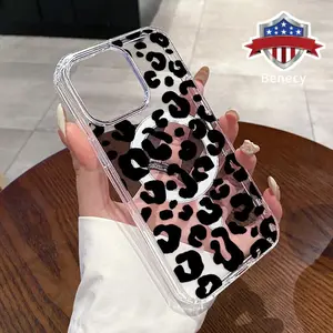 Premium Leopard Print Pattern Magnetic Phone Case Supports Wireless Charging for iPhone 15 16 14 Pro Max 13 12 11 XR XS Plus E Shockproof Non Slip Protection Silicone Transparent Acrylic Large Hole Cover Cellphone Protective