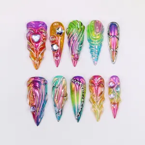 HelenNails - Gothic Long Stiletto Press On Nails,Handpainted Fake Nail,Custom 3D Metallic Silver and Rainbow colors Aurora Nail Art,Punk Rock,Goth