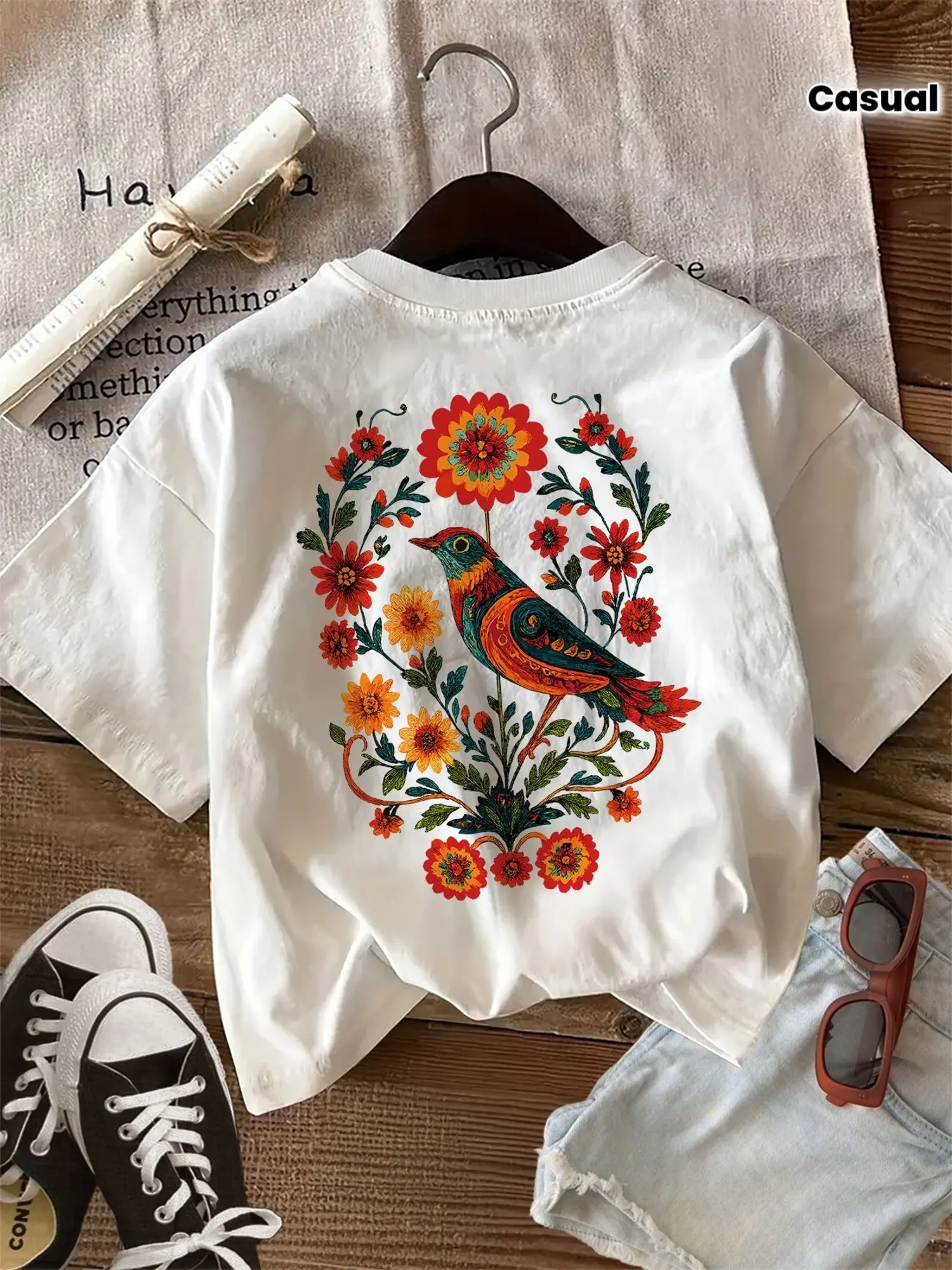 Summer Women'S Casual Top, Ethnic Style, Floral And Bird Print, Round Neck, Pure Cotton Short-Sleeve T-Shirt, Women'S Summer Clothing, Summer Top, Women'S Tops And Blouses, Suitable For Weddings, Beach Vacations, And Other Occasions