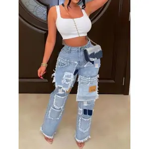 Women's Fashion Loose Straight Leg Multi-Pocket Patchwork Streetwear Pants, Casual Long Trousers for Spring & Fall Seasons