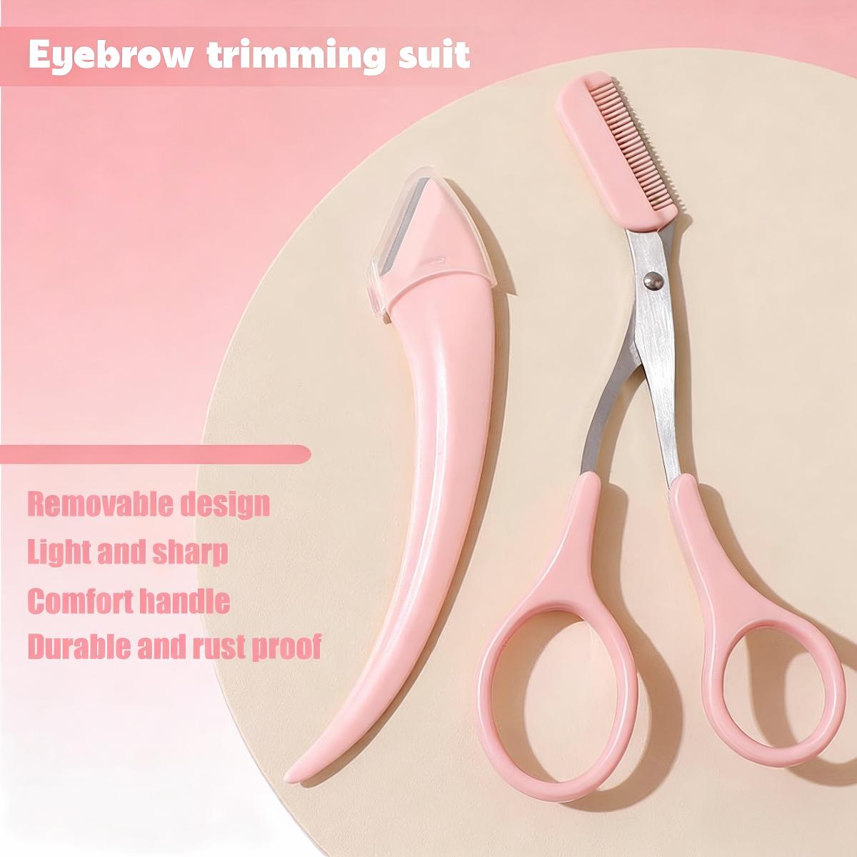 Pink Bathroom Beauty Essential with 2 Curved Eyebrow Razors Scissors and Trimmer - Imported Steel Salon Quality Shaping