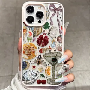 Luxury Handmade Beaded Apple  Mobile Phone Case, Art Illustration Pattern Is Suitable For IPhone14/13/12 Series