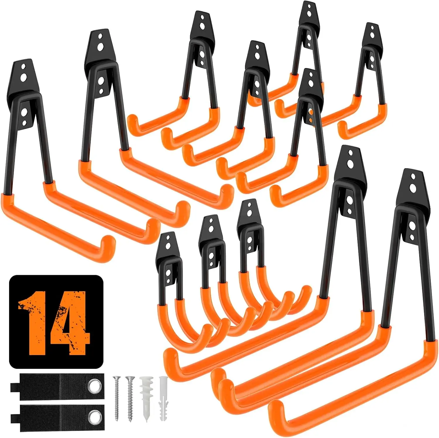 QcoQce 14 Pack Garage Hooks Heavy Duty with 2 Extension Cord Straps,Garge Storage Hooks, Wall Mount Hooks, Garage Organization and Tool Hangers for Bike, Ladder, Ropes and Garden Tools