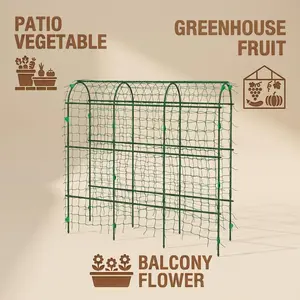 Arched grid structure, sturdy metal vine trellis with climbing net, suitable for climbing vines and lush plants.