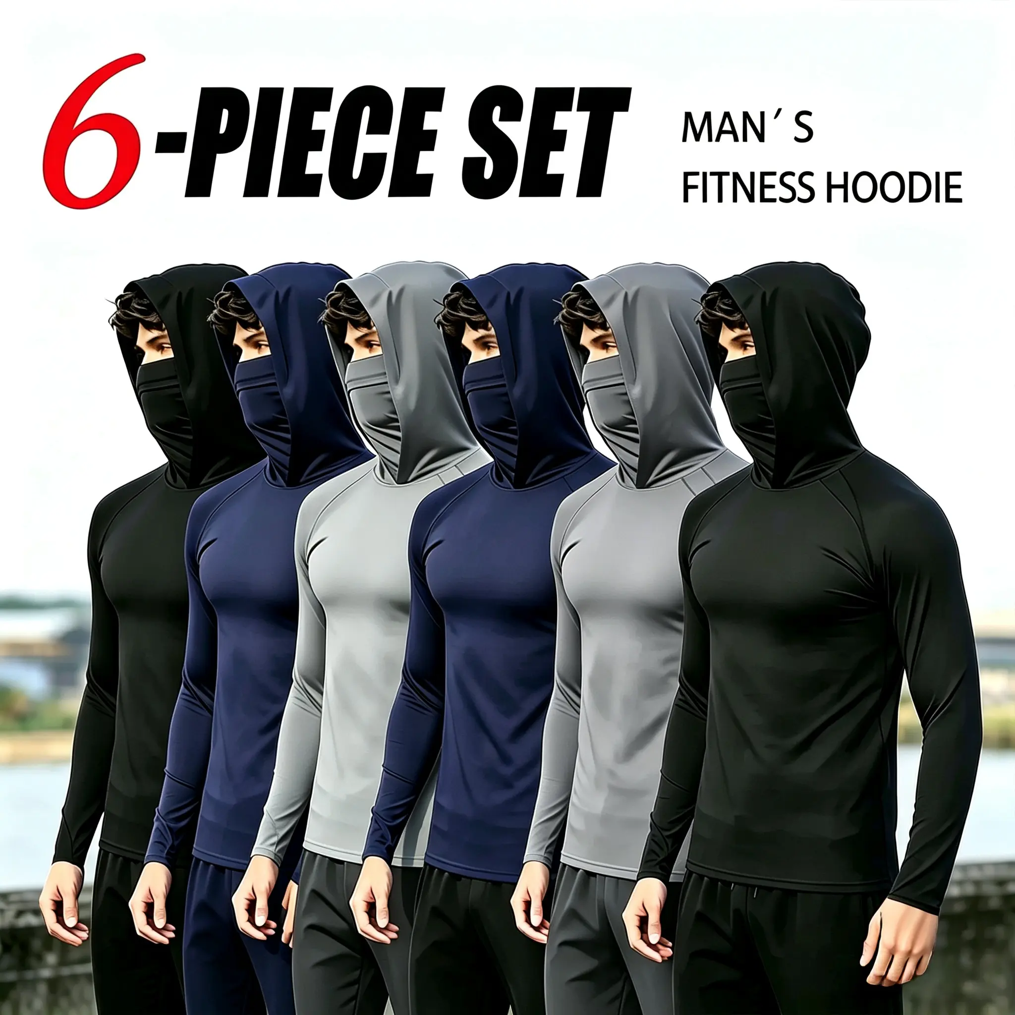 Men's 3/6-Piece Plain Polyester All-Seasons Casual Hoodie Pullovers with Built-in Mask, Slim-Fit Long-Sleeve, UPF Sun Protection, Lightweight Soft Breathable, Machine-Washable Tops for Fishing Cycling