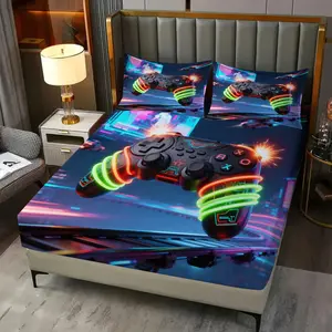 3Pcs Black Game Controller Printed Fitted Sheet Set, Fashionable Esports Themed Bedding, 360 Degree Full Elastic Band, Suitable for Various Mattresses, Male Dormitory Home Decoration, No Filler, Bed Sheets Set