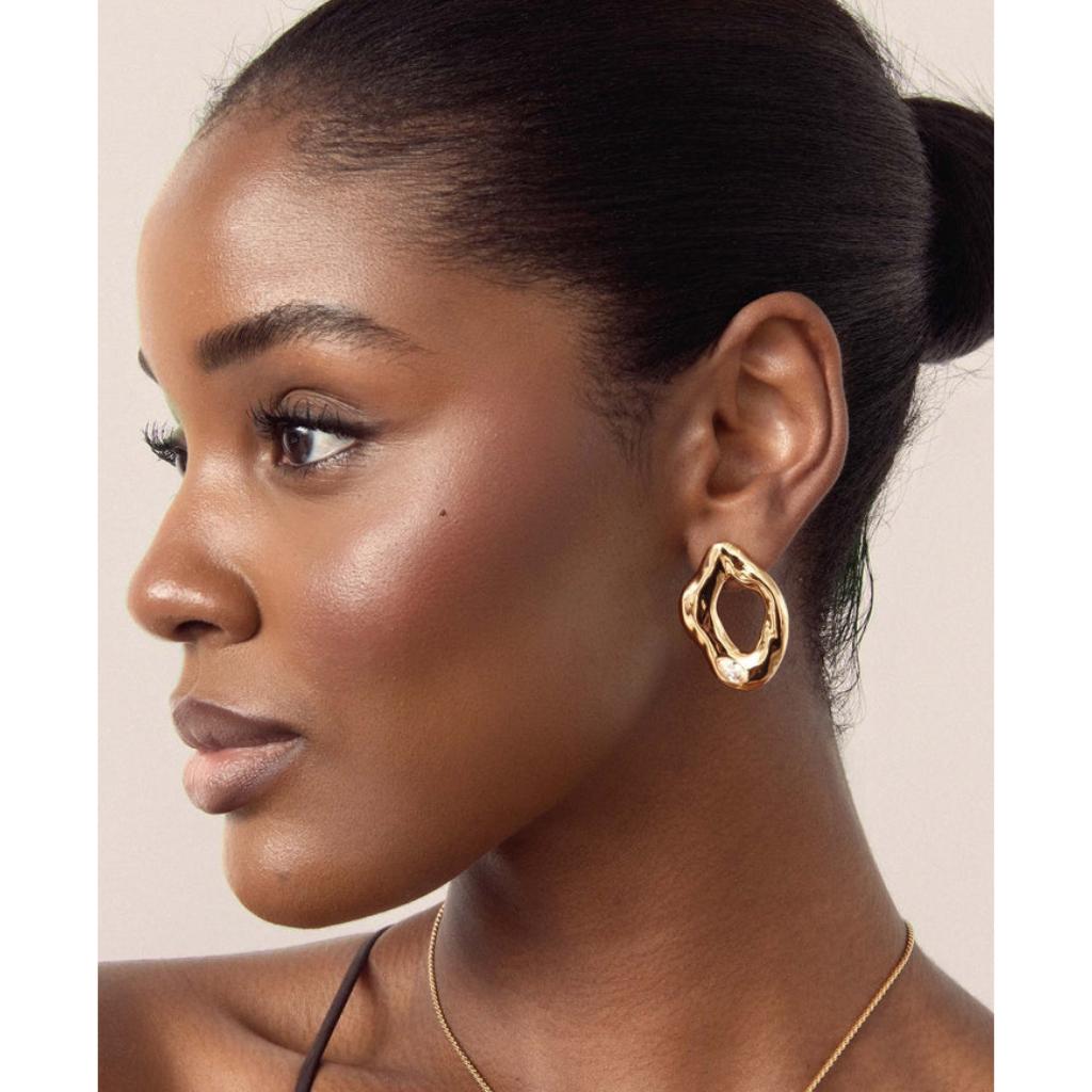 Ettika Melting Metal Crystal Stud Earrings for Women 18K Gold Plated Liquid Metal Design Cubic Zirconia Elegant Jewelry Gifts