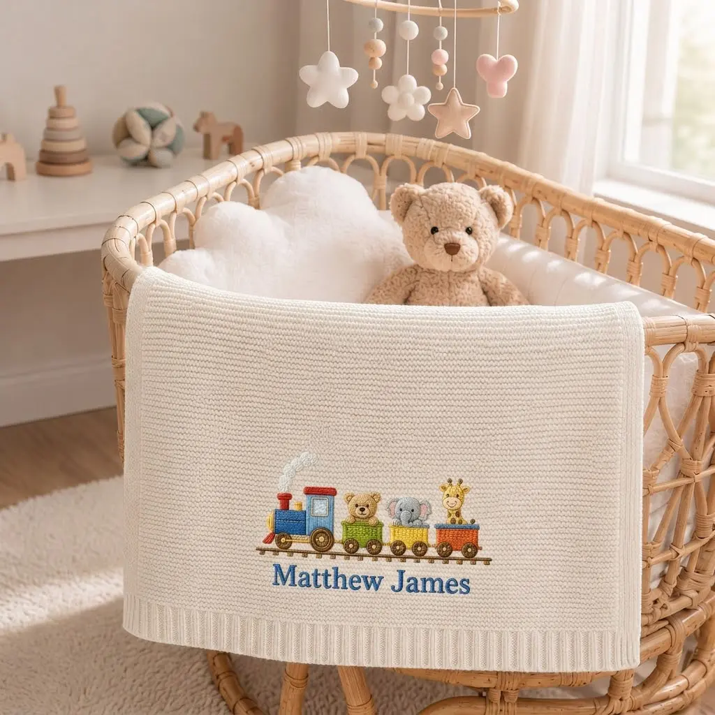 [Made-to-Order] Personalized Animal Train Embroidered Knit Blanket, Custom Name Baby Blanket, Safari Train Quilt, Jungle Nursery Decor, Keepsake Gift