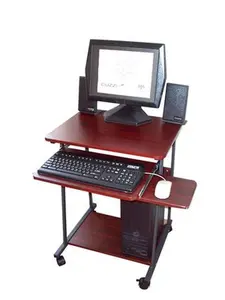 24" Compact Computer Desk Dark Cherry with sliding keyboard tray and mouse tray and wheels.