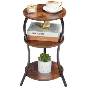 Small Round Side Table, 3-Tier Slim  Circular End Table with Storage Shelf, Compact  Sofa Table, Round Corner Coffee Table Nightstand for Living Room Bedroom Small Spaces,Rustic Brown