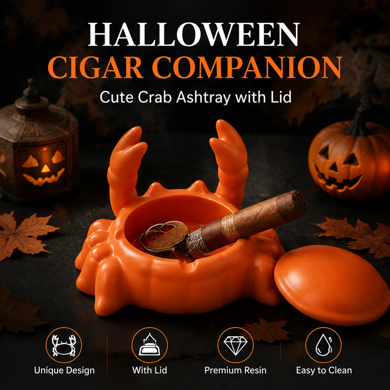 Halloween Crab Cigar Ashtray with Lid, Cute Orange Resin Ashtray for Cigar Lovers, Unique Desktop Decor, Funny Gift for Men, Halloween Party Bar Accessories, Home Supplies