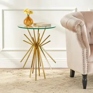 [SOIYELIFE] [SOIYELIFE] Glass side table with modern charm and gold legs - tempered glass tabletop with retro metal wrought iron frame, modern light luxury style suitable for living room or bedroom Cool furniture