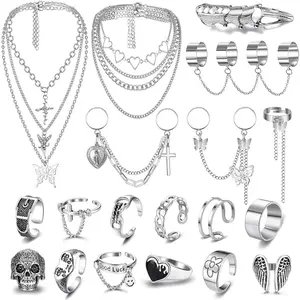 FLORIDECO 19PCS Punk Chain Rings & Layered Chain Necklace Set for Women Men Cool Goth Vintage Stackable Open Finger Rings Statement Pendant Choker Necklace Emo Y2K Jewelry Daily