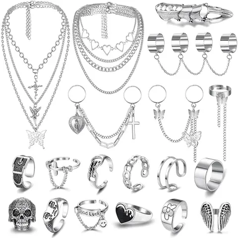 FLORIDECO 19pcs Unisex Edgy Stainless Steel Jewelry Set - Tarnish-Proof Layered Chain Necklaces, Adjustable Stackable Cubic Zirconia Rings, Grunge-Safe Wear, Does Not Fade, Ideal for Dancing, DIY Fun, Adult Holiday Gift