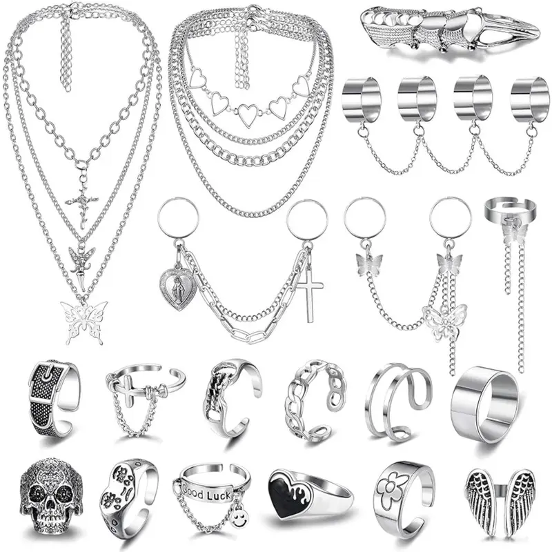 FLORIDECO 19pcs Unisex Edgy Stainless Steel Jewelry Set - Tarnish-Proof Layered Chain Necklaces, Adjustable Stackable Cubic Zirconia Rings, Grunge-Safe Wear, Does Not Fade, Ideal for Dancing, DIY Fun, Adult Holiday Gift
