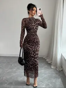 Elegant Leopard Print Mesh Ruched Bodycon Dress, Long Sleeve Slim Fit Women's Fall Winter Dress, Stylish and Comfortable