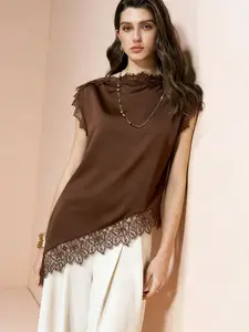Women's Lace Patchwork Asymmetrical Hem Casual Shirt, Stylish and Comfortable Design, Perfect for Daily Wear and Special Occasions