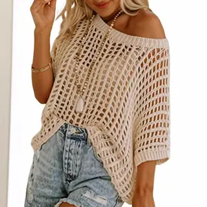【Soft Mood】Crochet Sweater Tops Batwing Short Sleeve Oversized Boat Neck Boho Knit Summer Beach Cover Ups