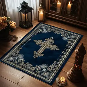 Christian Cross Navy Blue Flannel Area Rug - Religious Floral Scrollwork Print Soft Mat for Prayer Room & Bedroom, Non-Slip Spiritual Home Decor #ChristianCrossRug #ReligiousHomeDecor #NavyBluePrayerMat #SpiritualCarpet #NonSlipFlannelRug