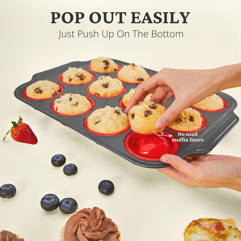 [BF&CM]BRONYPRO Silicone Molds Muffin Pan with Metal Frame, Nonstick 12-Cup Cupcake Pans,Easy to Pop Non-Toxic Bakeware for Oven,Cookware, Kitchen Food