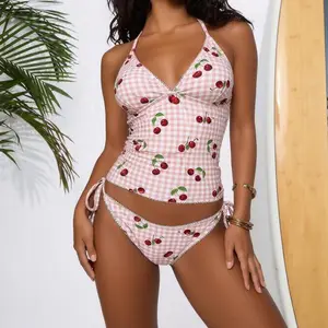 Women's Pink Gingham Cherry Print Halter Tankini Set Two Piece Swimsuit Retro Y2K Summer Beach Vacation Swimwear Bikini Set for Midsize Curvy Women cheeky high waisted Slimming rash guard