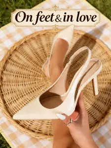 Women's Nude Beige Pointed Toe Slingback Pumps, Elegant Comfortable Leather High Heels, Closed Toe Slingbacks for Office Work Wedding & Daily Wear, Dressy Summer Sandals