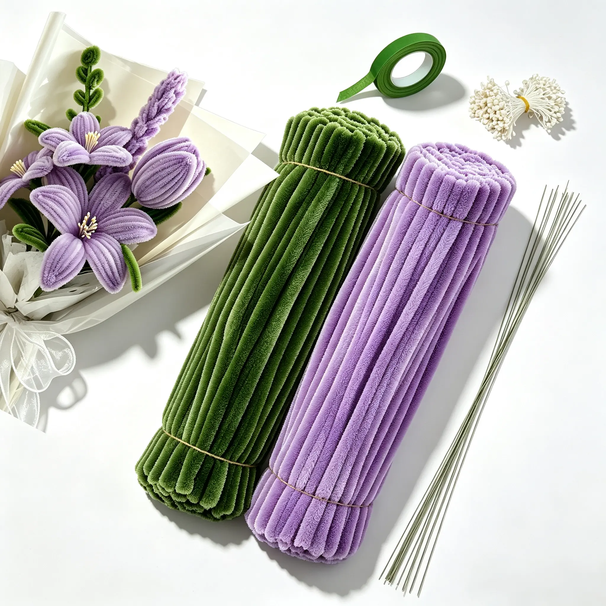 331 piece pipe cleaner crafting kit, featuring green and purple pipe cleaners along with DIY flower-making accessories (such as plush strips, floral wire, floral tape, and flower stamens)—perfect for creating pipe cleaner bouquets.