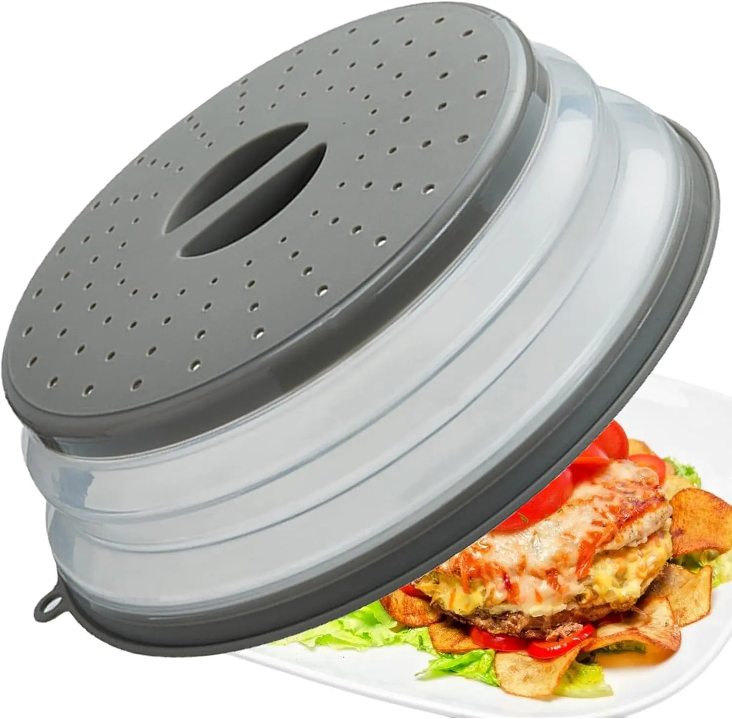 Vented Foldable Microwave Splatter Cover - Durable Food Grade BPA-Free Silicone & Plastic, Perforated Colander for Draining Veggies, Dishwasher-Safe Kitchen Gadget with Hook Hole (1 Pack)