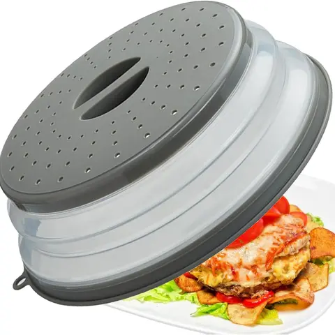 Vented Holes Microwave Splatter Cover Kitchen Utensil - Durable Food-Grade BPA-Free Silicone, PP-TPR, Heat-Resistant Plastic, 2-in-1 Colander, Veggie Drainer, Fast Flat-Folding, Compact Hanging Dishwasher-Safe Gadget (1 Pack)