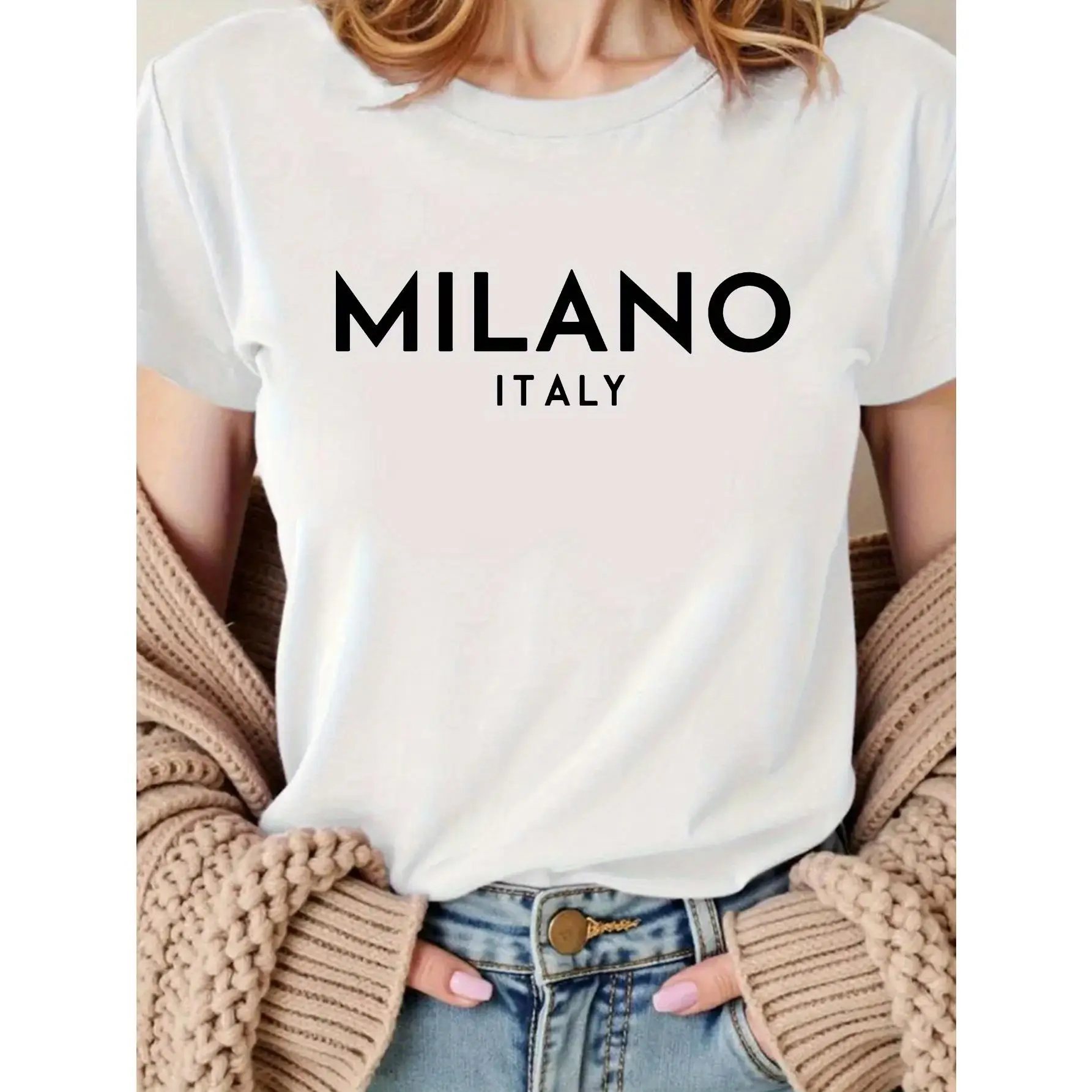 MILANO Italy Women's Cotton T-Shirt Round Neck Short Sleeve Casual Top for All Seasons Home Outdoor Party Sports Work Wear Gift Loose Fit Elastic Knit
