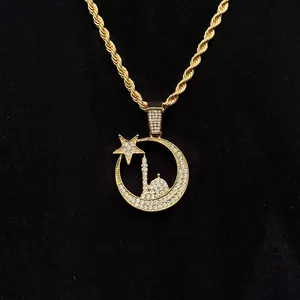 Iced Islamic Moon Cubic Zirconia Religious Pendant & 4mm 18" 20" 24" Rope Chain Hip Hop Style Necklace Jewelry