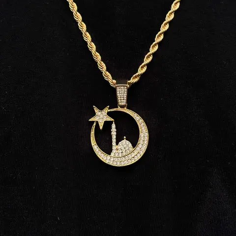 MaxBling81 Unisex Iced Islamic Moon Cubic Zirconia Religious Pendant Faith Necklace, 4mm Rope Chain (18"-20"-24") with Lobster Clasp, Iced Out Style Lab Created Coloured Gemstone Hip Hop Costume Jewelry