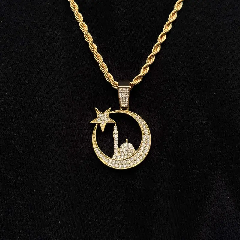 Iced Islamic Moon Cubic Zirconia Religious Pendant & 4mm 18" 20" 24" Rope Chain Hip Hop Style Necklace Jewelry, Lobster Clasp, Chain & Link