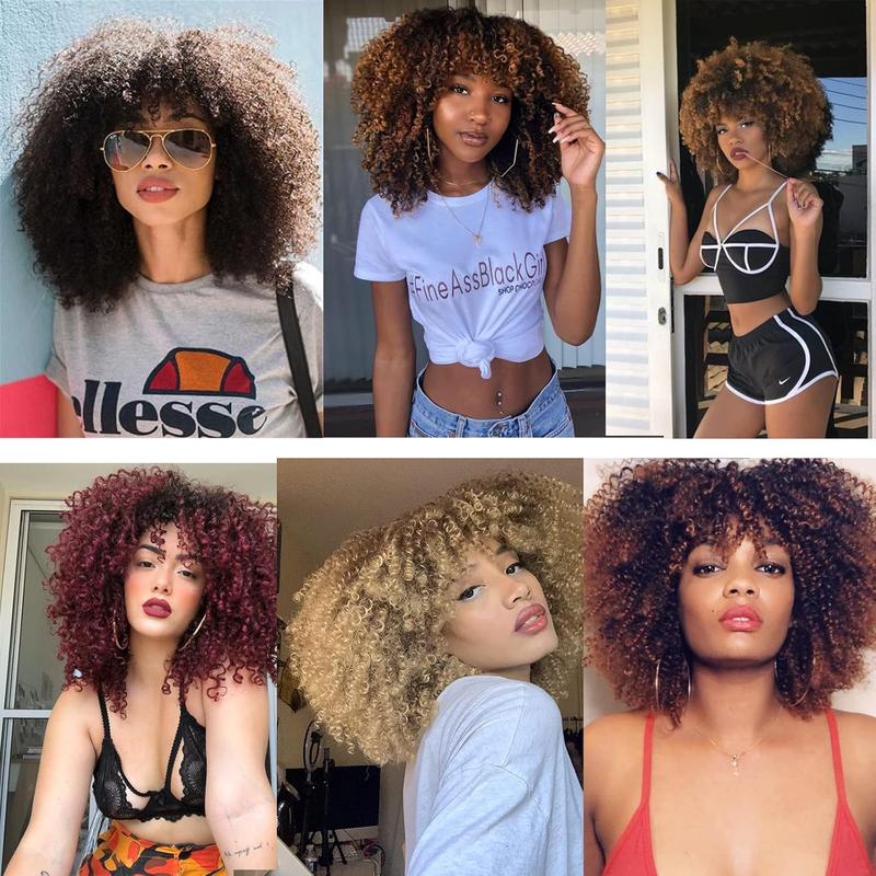 Xinran Blonde Curly Afro Wigs for Black Women, Blonde Kinky Curly Wig With Bangs, Synthetic Heat Resistant Fiber Afro Blonde Curly Wig for Daily Use