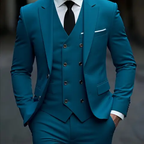 Men's 3-Piece High-Quality Business Office Suit Set Outfit, Double-Breasted Waistcoat Groom and Best Man Formal Suit for Weddings and Parties (Coat, Vest, Trousers) Pockets Formal Wear Three Piece Suit