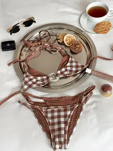 2026 new women’s patchwork faux two-piece micro bikini set—fashionable, sexy, low-rise tie design; separate swimsuit pieces for holidays, casual pool parties, and beachwear.