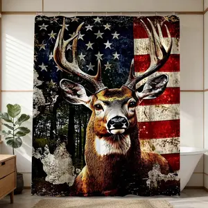 1PC Rustic Deer Print Shower Curtain with American Flag Ideal for Nature-Lovers Bathroom Decor Captivating Wildlife Imagery Perfect for Cabin-Style Interior Refresh Your Space with Bold Art Elevate Bathroom Renovation with Eye-Catching Patterns and Colors