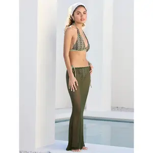 Cider Halter Neckline Geometric Tie Side Bikini Set With Sarong