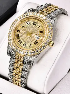 New Elegant Men's Watch Filled With Diamonds For Foreign Trade, Starry Sky Calendar, Quartz Inner Men's Gold Steel Belt Watch, Casual Round Dial, Exquisite Watch