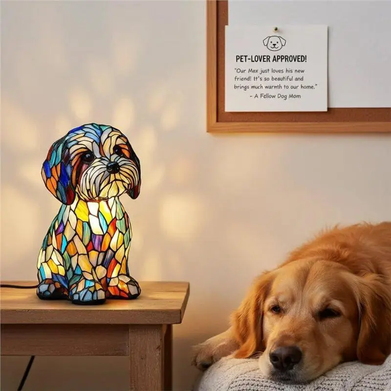 【Festival】Stained Glass Dog Lamps, USB Powered Retro Resin Rainbow Dog Lamp, Tabletop Cute Puppy Night Light Gift For Dog Lovers