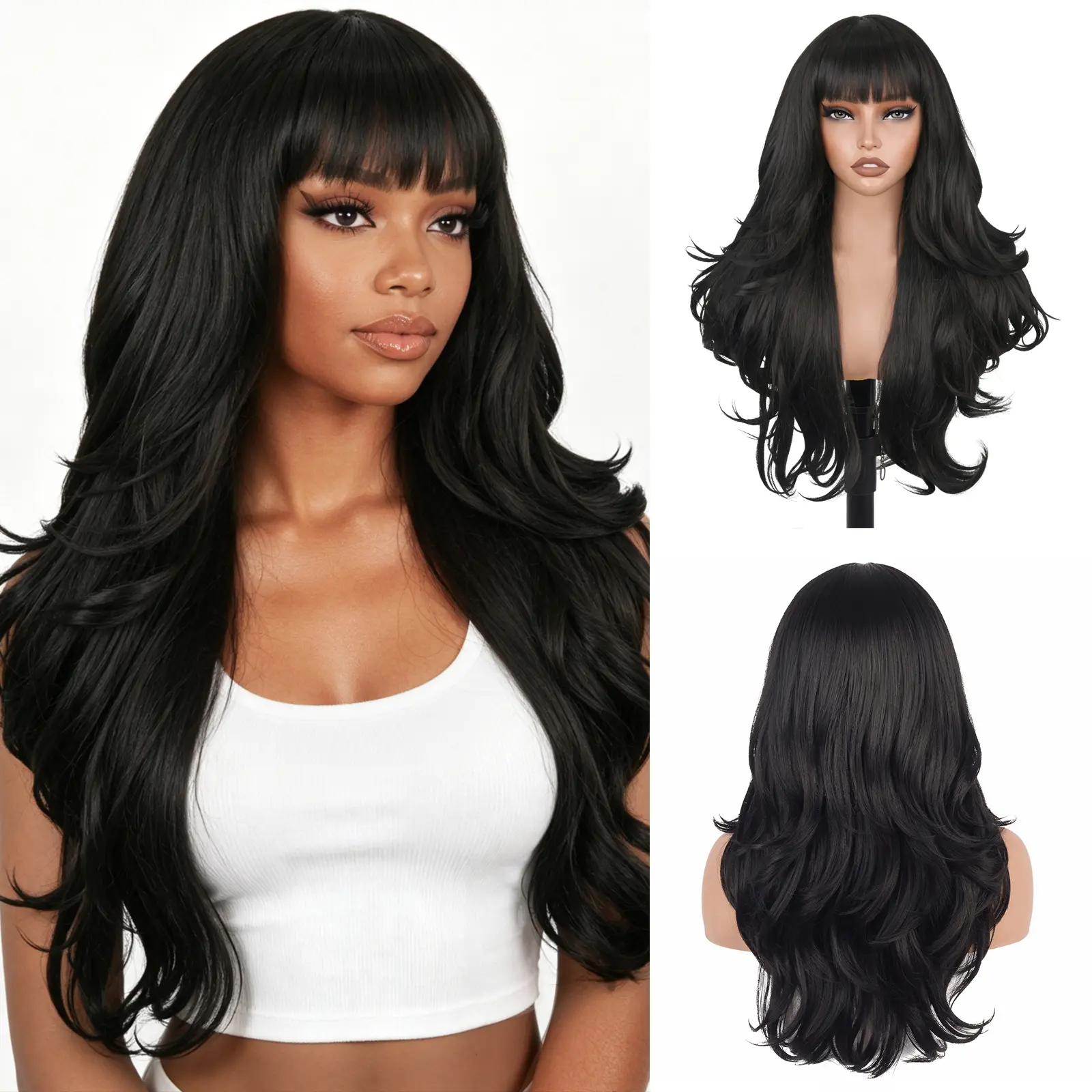 Lush Haute Long Wavy Black Layered Wig with Bangs for Women Synthetic Layered Long Wavy Wig Butterfly Haircut with Thin Hair for Women