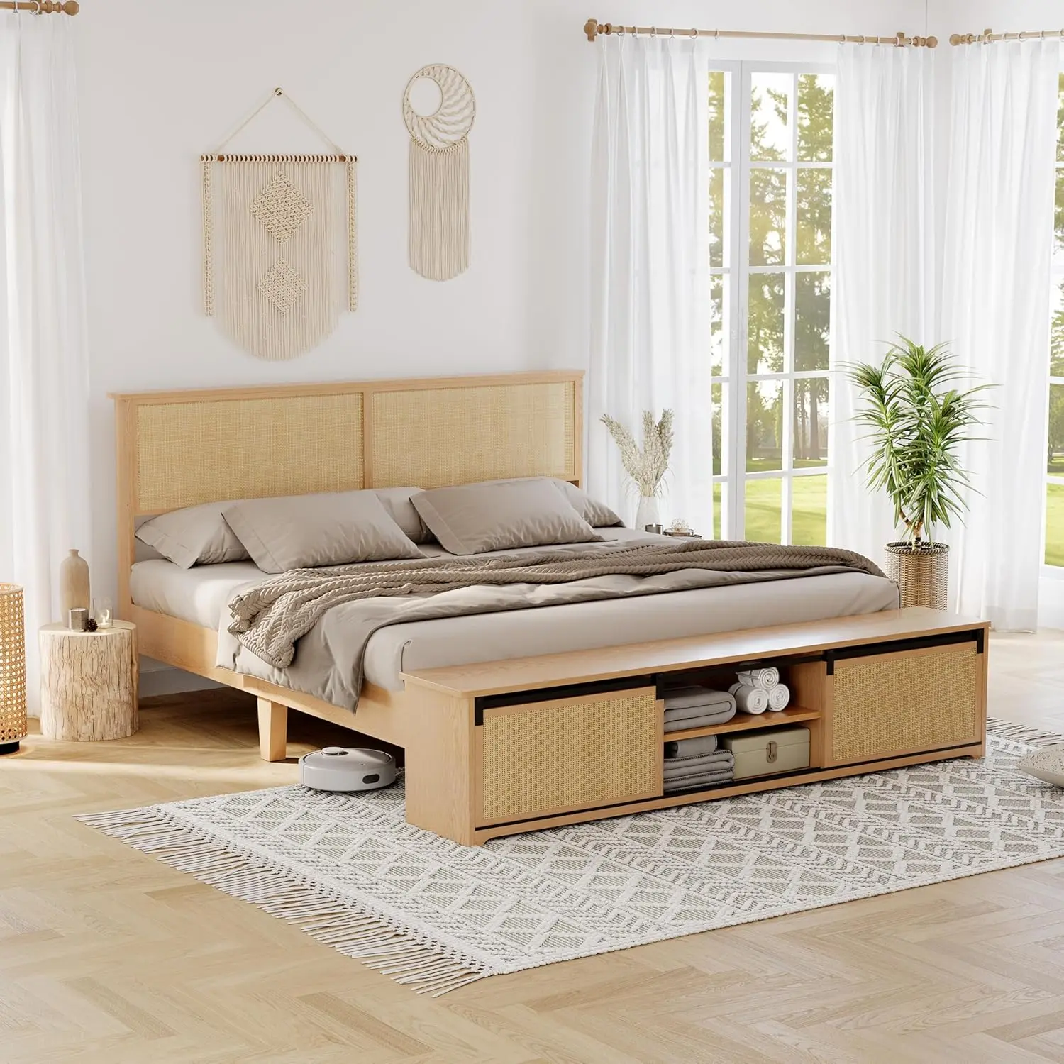 Natural Rattan King Size Wood-Framed Bed Frame - Boho Farmhouse Platform Bed with Sliding Barn Door Storage Cabinets, LED Light Headboard, Solid Wood Legs Support, No Box Spring Needed, Wood-Framed Bed Frames
