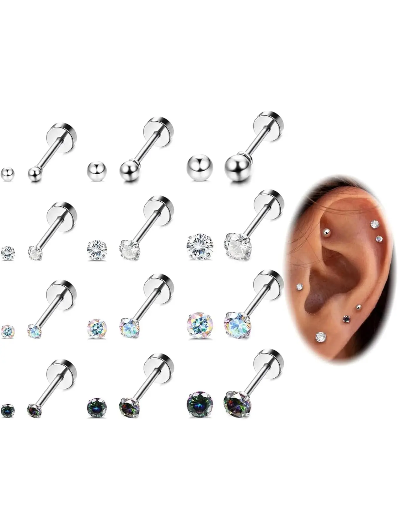 12 Pairs 20g Stainless Steel Cz Stud Earrings, Unisex Cartilage & Helix Body Jewellery, 2mm Round Cubic Zirconia Screwback Design, Cartilage Helix Piercing