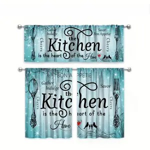 SoftHaven Home Made in USA, 2/3-Piece Rustic Kitchen Curtain Set, Shiny Star & Tableware Pattern, Teal & Turquoise Rod Pocket Curtains. 100% Polyester, Light Filtering & Machine Washable, Perfect for Kitchen, Living Room, Bedroom and Cafe Window Decoratio